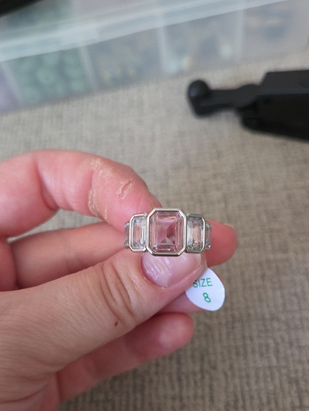 Rhodium Ring with Pink Center Stone and Clear Accents - Size 8